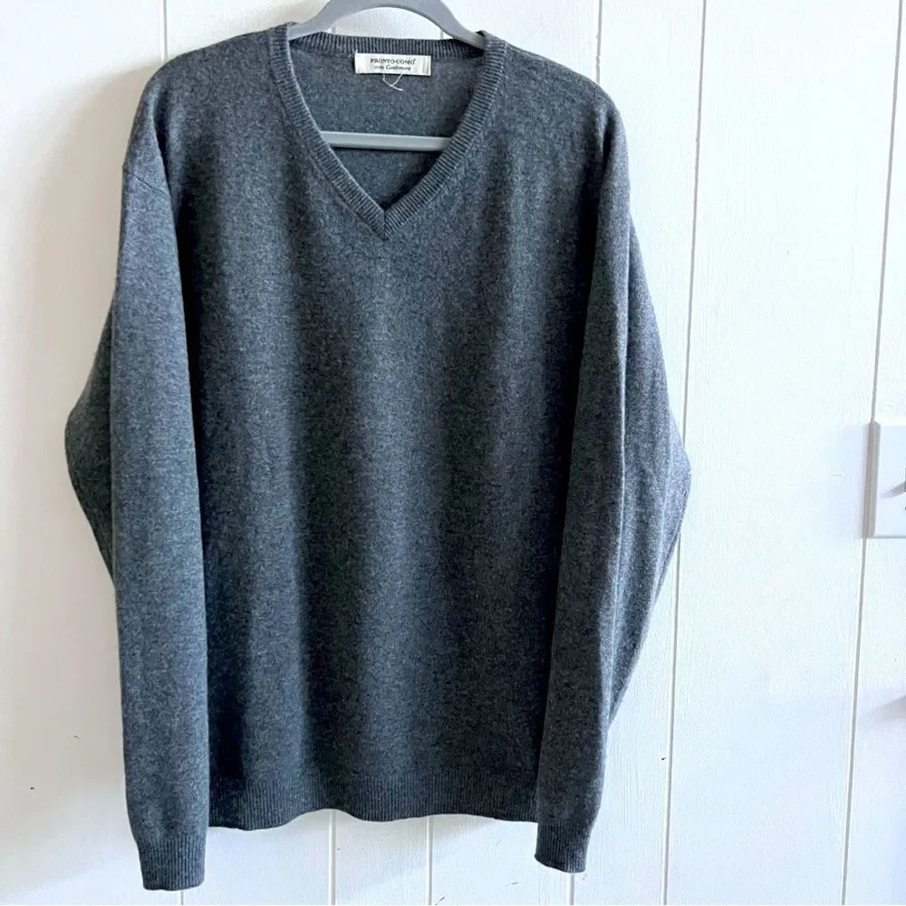 Pronto Uomo Sweater Mens Gray 100% Cashmere V Neck